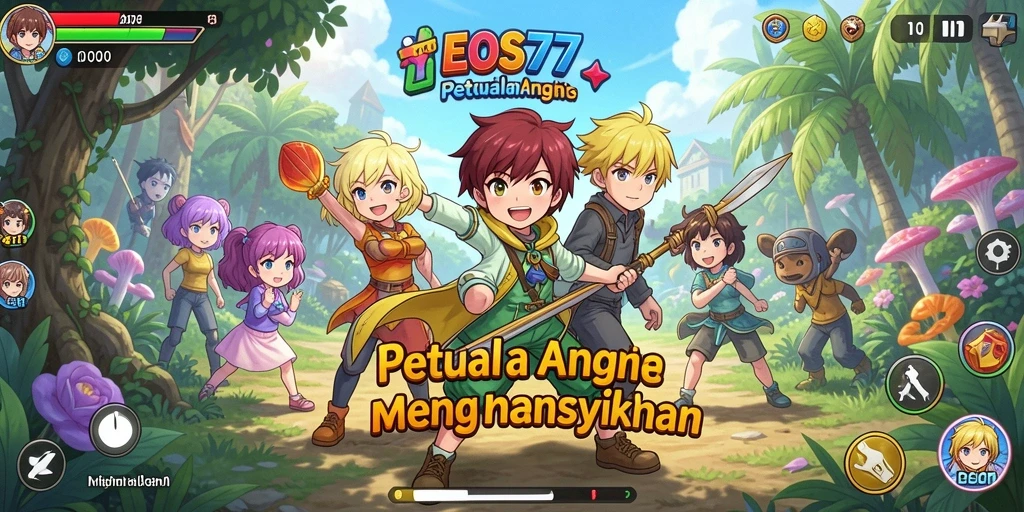 Tangkapan layar gameplay EOS77 menampilkan pertempuran penuh warna dan karakter anime menarik.