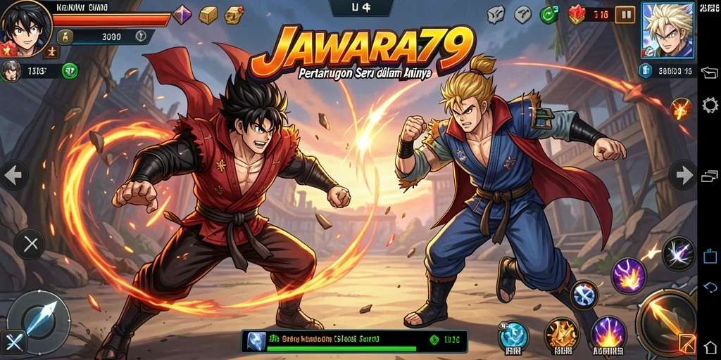 Tangkapan layar utama JAWARA79 menunjukkan aksi pertarungan karakter anime yang menegangkan.