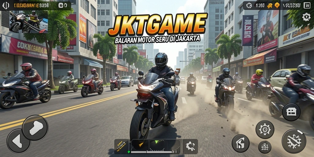 Screenshot utama JKTGAME menampilkan balapan motor yang seru di jalanan Jakarta.