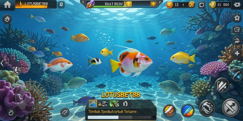 Screenshot utama LOTUSBET88 menunjukkan kegembiraan saat menembak ikan.