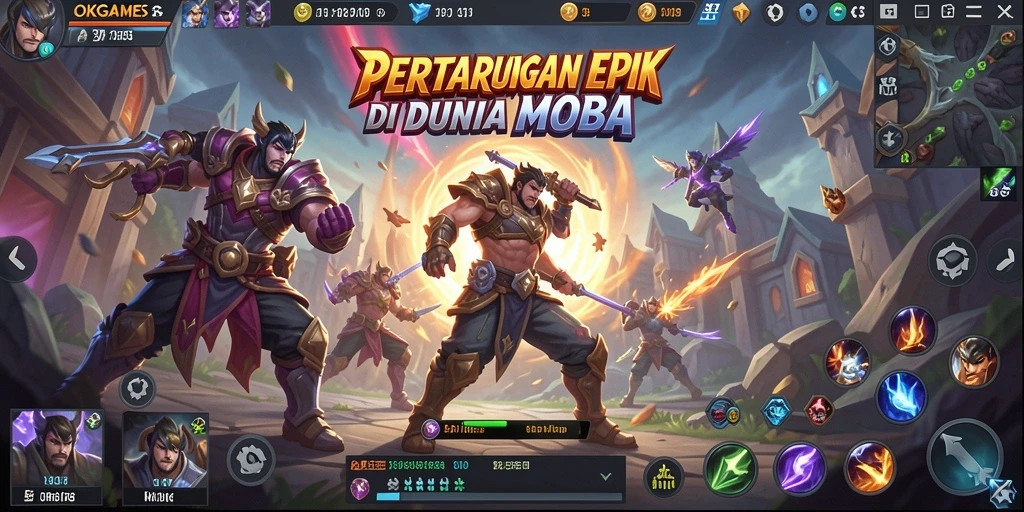 Tampilan gameplay MOBA yang mendebarkan dan penuh aksi.