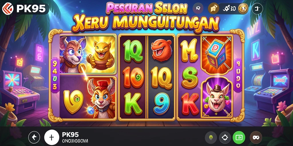 Screenshot gameplay PK95 menunjukkan gulungan slot yang aktif dan fitur menarik.
